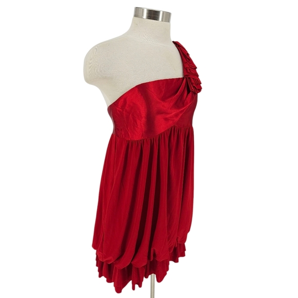 Jessica McClintock Bubble Dress Red One Shoulder Ruffle Satin Knit 10 - Picture 3 of 11